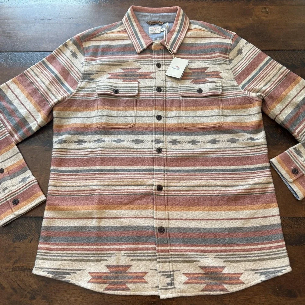 Faherty Mens XL Canyon Overshirt Thunderbird Fleece Jacket Beige MKG2008-THF
